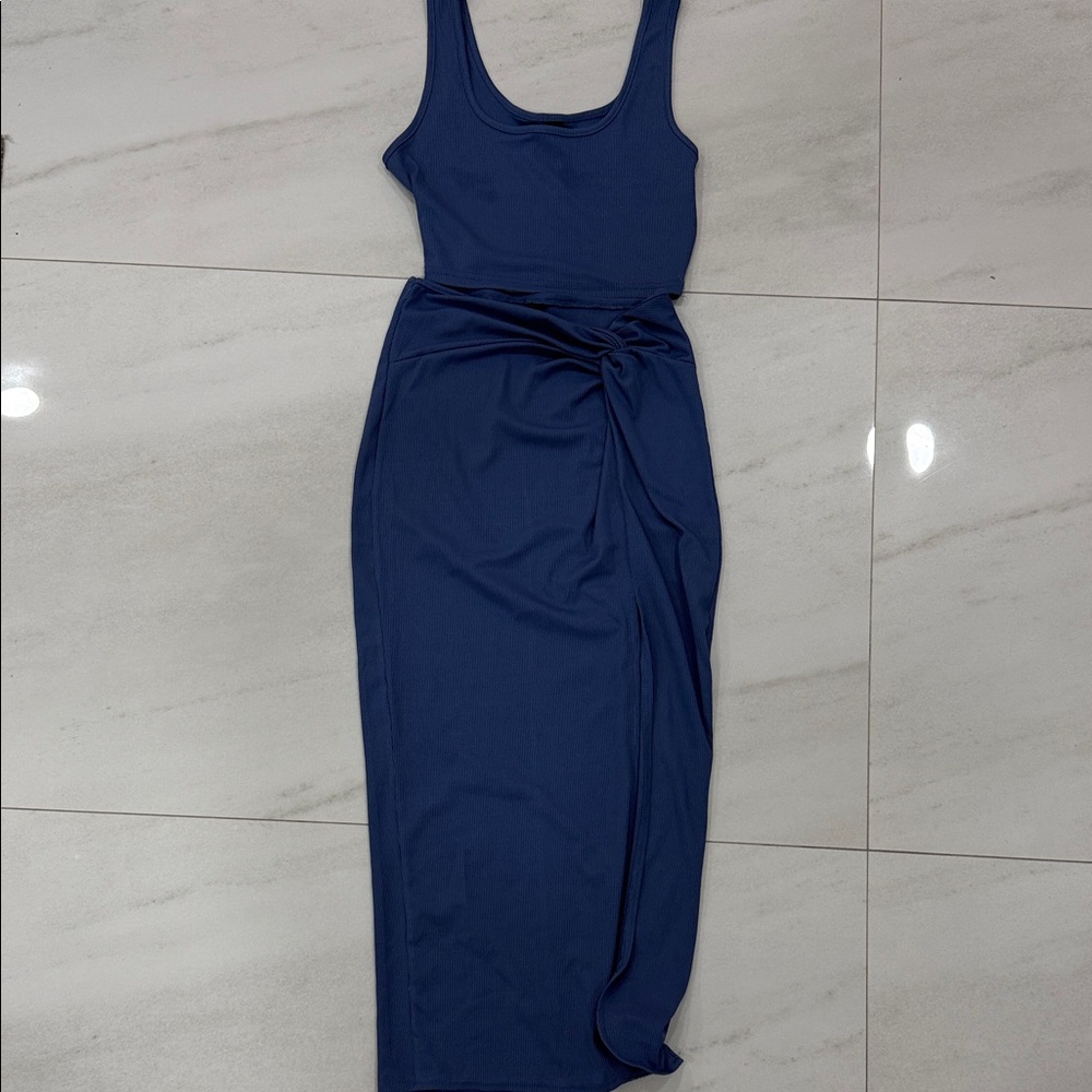 SHEIN Navy Knot-Detail Midi Skirt and matching tank crop top